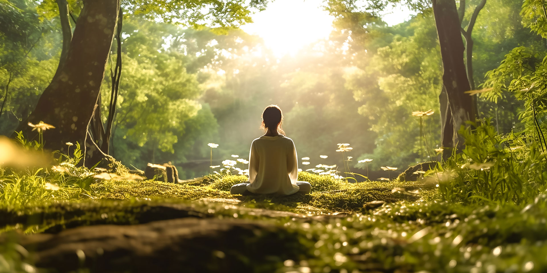 Frau sitzt im Schneidersitz auf einer moosbedeckten Lichtung und meditiert im Morgenlicht, umgeben von Wald und Wildblumen.